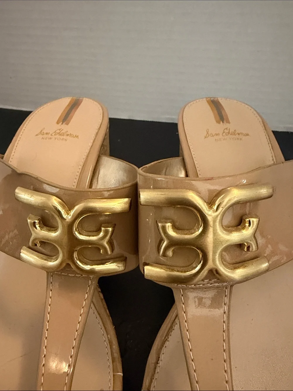 Sam Edelman Beige Patent Cork Wedge Thong Sandals with Gold Logo, Size 9
